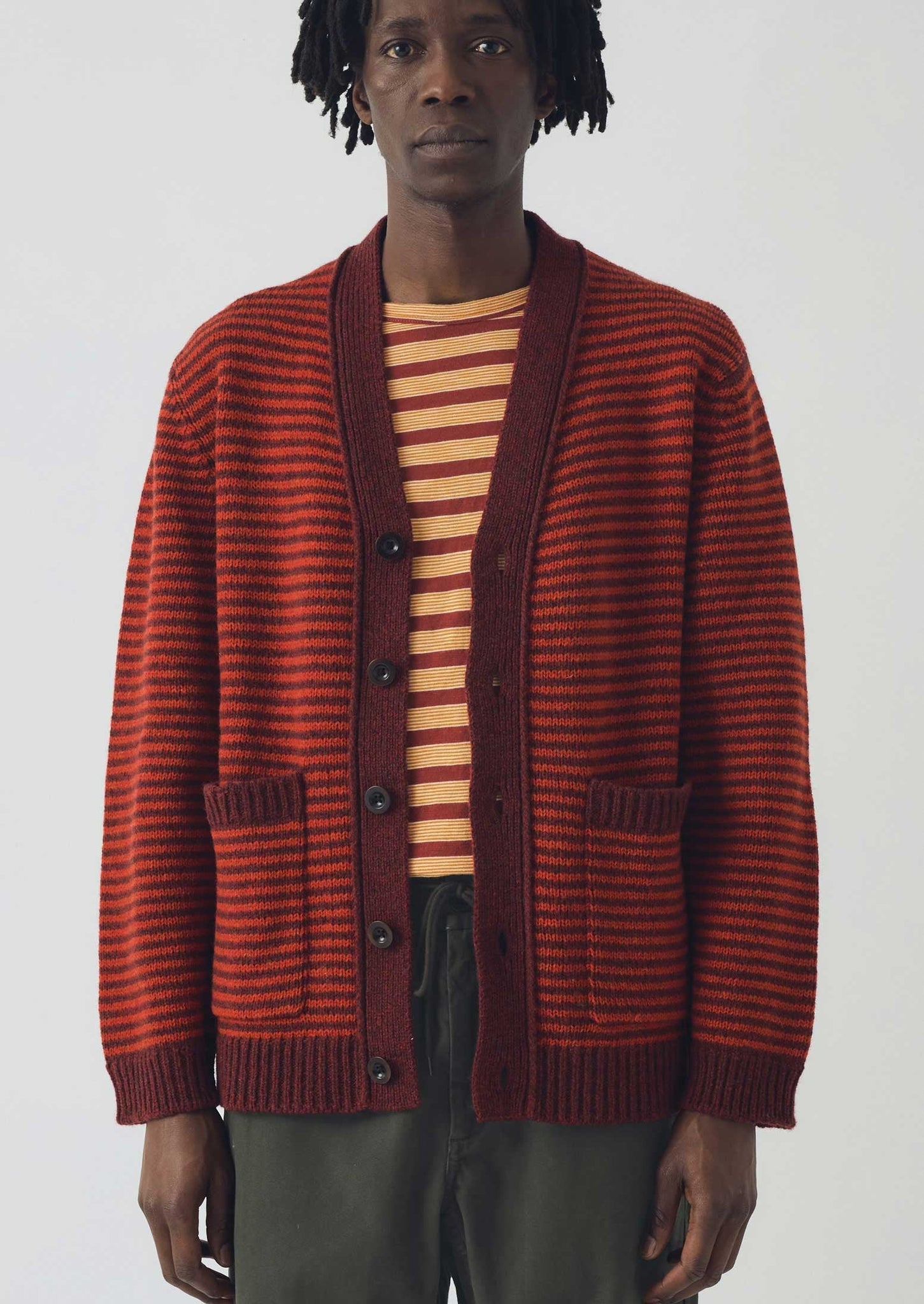 Striped Wool Cardigan | Cardinal Red/Plum