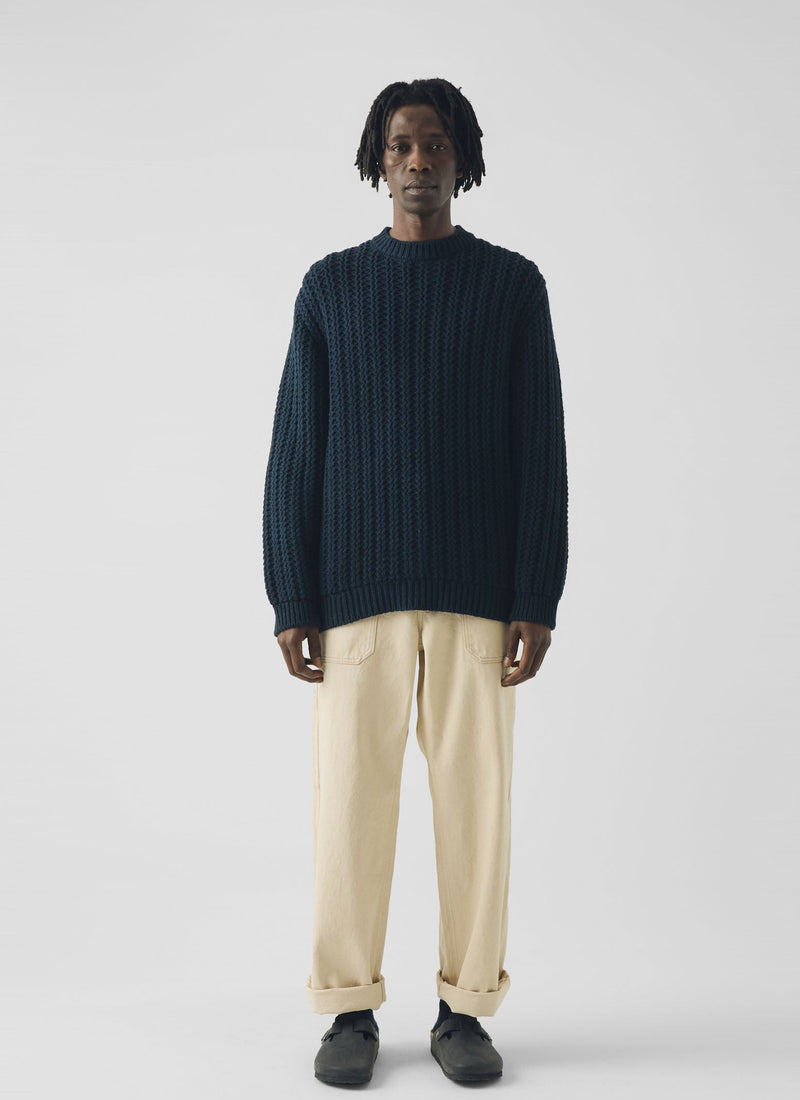 Racked Wool Cotton Sweater | Darkest Navy
