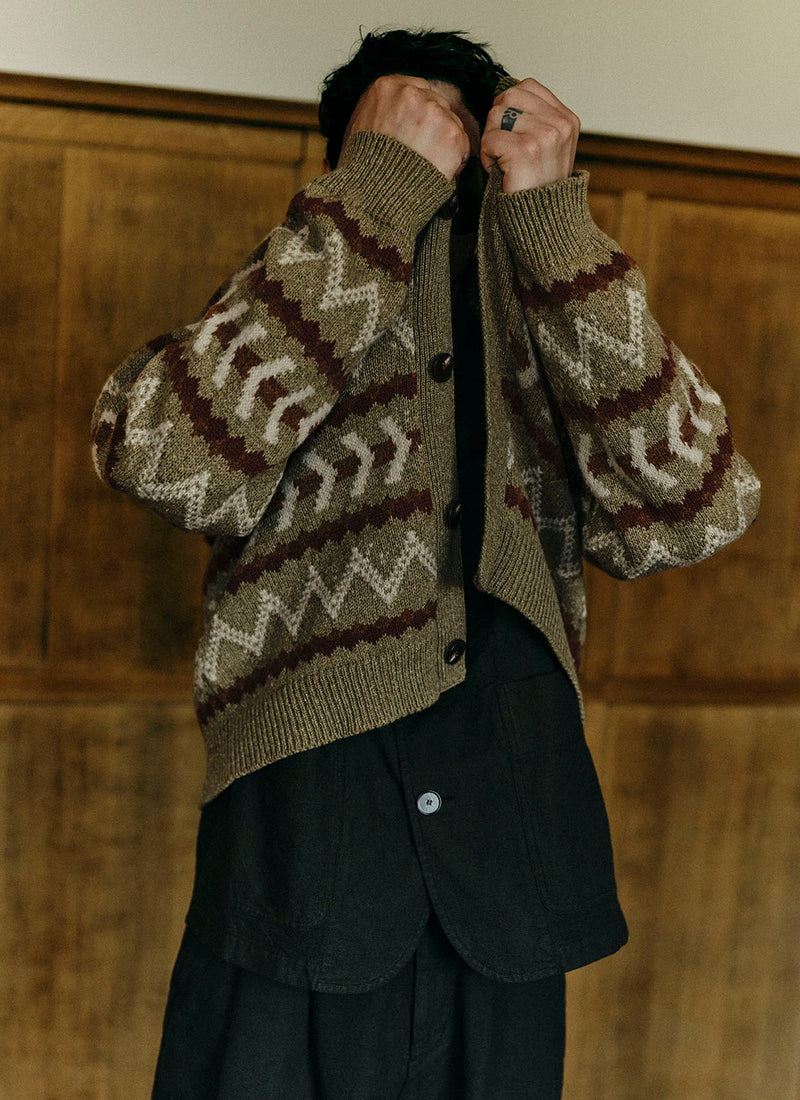 Wool Cotton Jacquard Cardigan | Sand/Multi