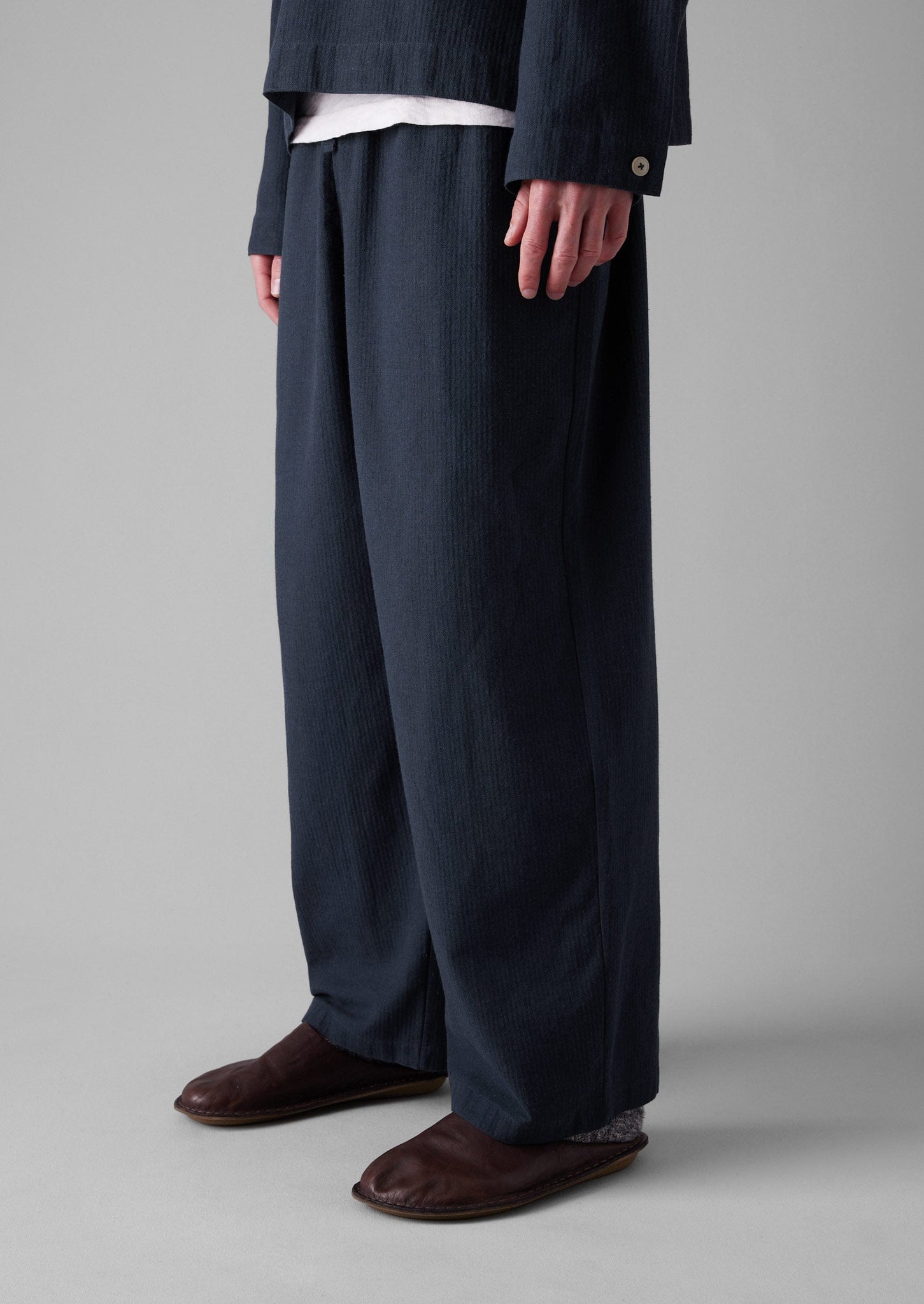 Brushed Cotton Herringbone Drawstring Trousers | Blue Slate