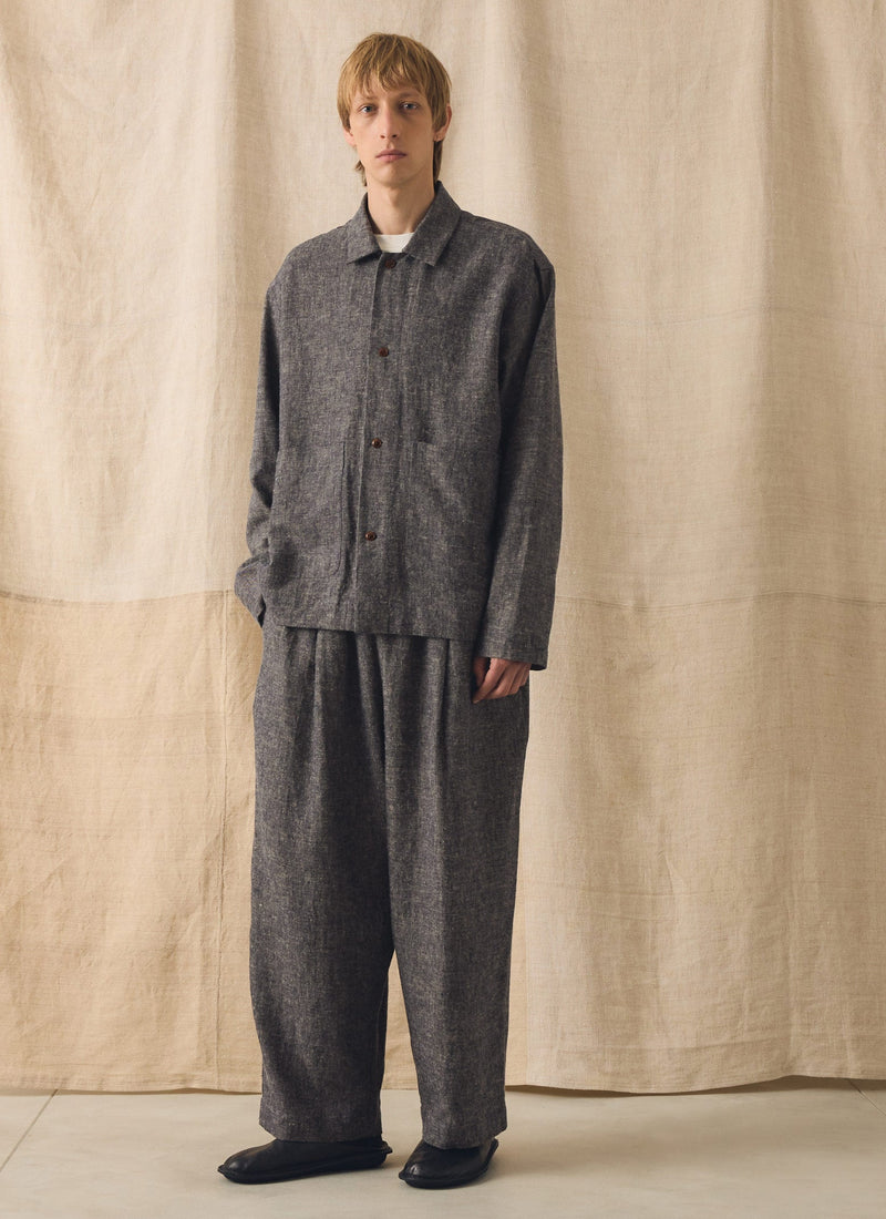 Pleated Linen Cotton Twill Trousers | Navy/Ecru