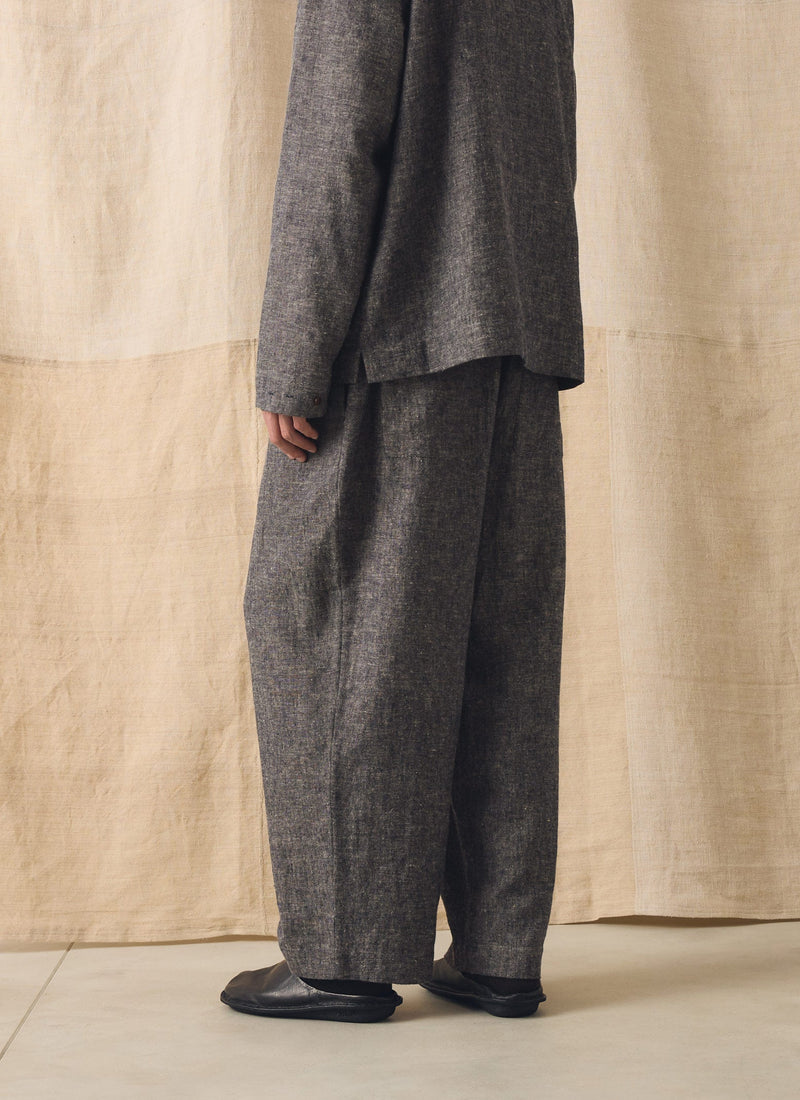 Pleated Linen Cotton Twill Trousers | Navy/Ecru