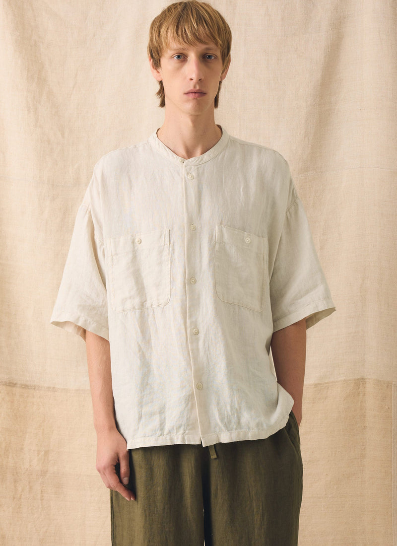 Garment Dyed Linen Grandad Collar Shirt | Oat