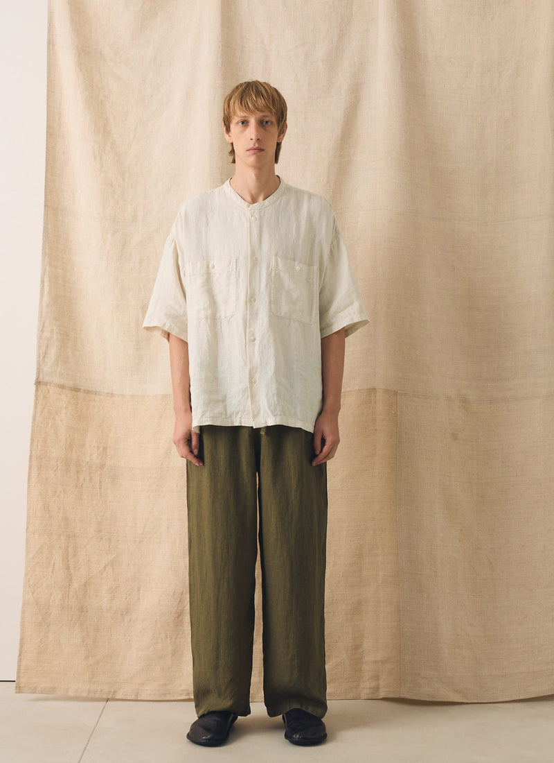 Garment Dyed Linen Grandad Collar Shirt | Oat