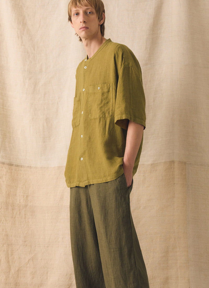 Garment Dyed Linen Grandad Collar Shirt | Durian Green
