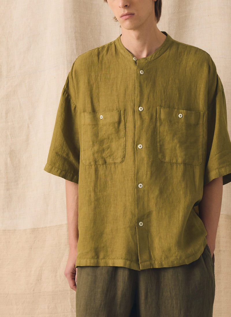 Garment Dyed Linen Grandad Collar Shirt | Durian Green