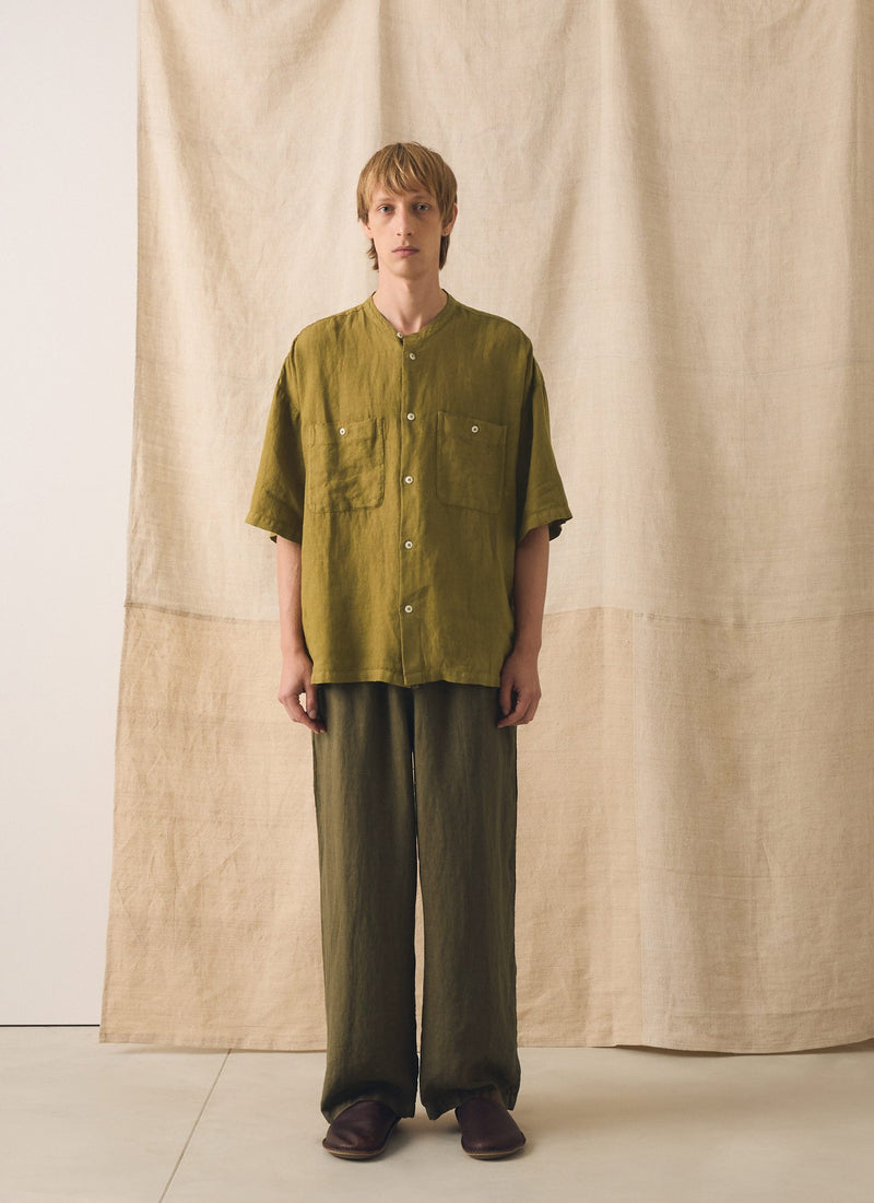 Garment Dyed Linen Grandad Collar Shirt | Durian Green