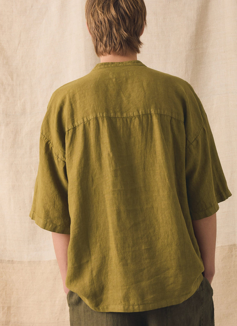 Garment Dyed Linen Grandad Collar Shirt | Durian Green