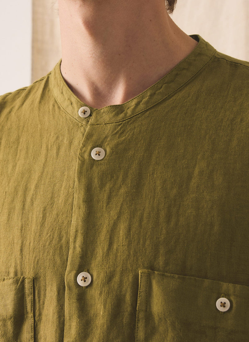 Garment Dyed Linen Grandad Collar Shirt | Durian Green