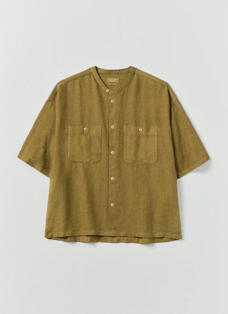 Garment Dyed Linen Grandad Collar Shirt | Durian Green