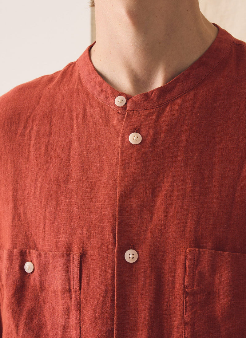 Garment Dyed Linen Grandad Collar Shirt | Sun-dried Tomato
