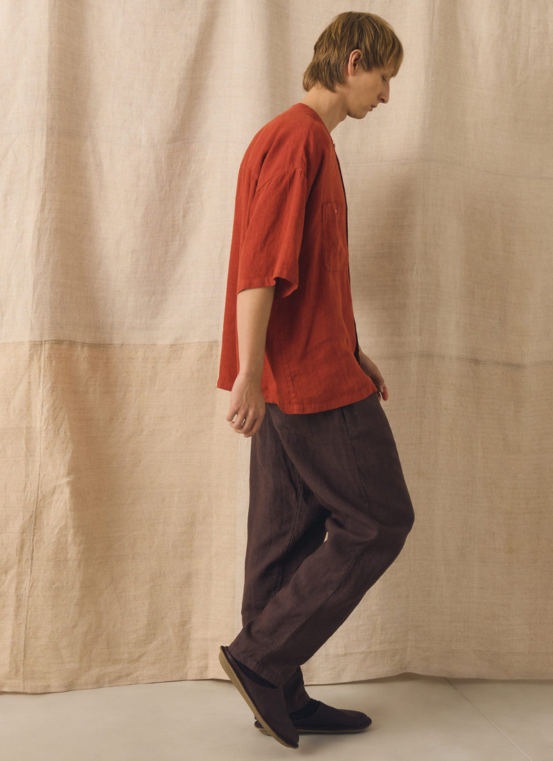 Garment Dyed Linen Grandad Collar Shirt | Sun-dried Tomato