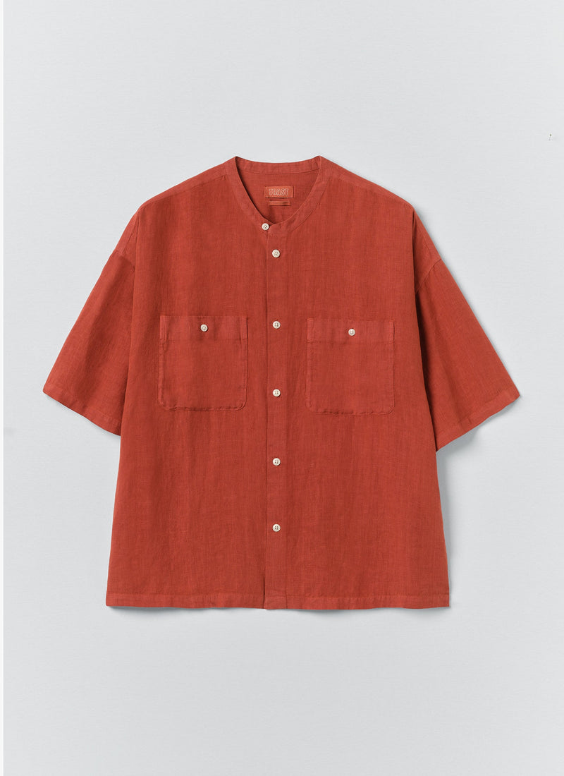 Garment Dyed Linen Grandad Collar Shirt | Sun-dried Tomato