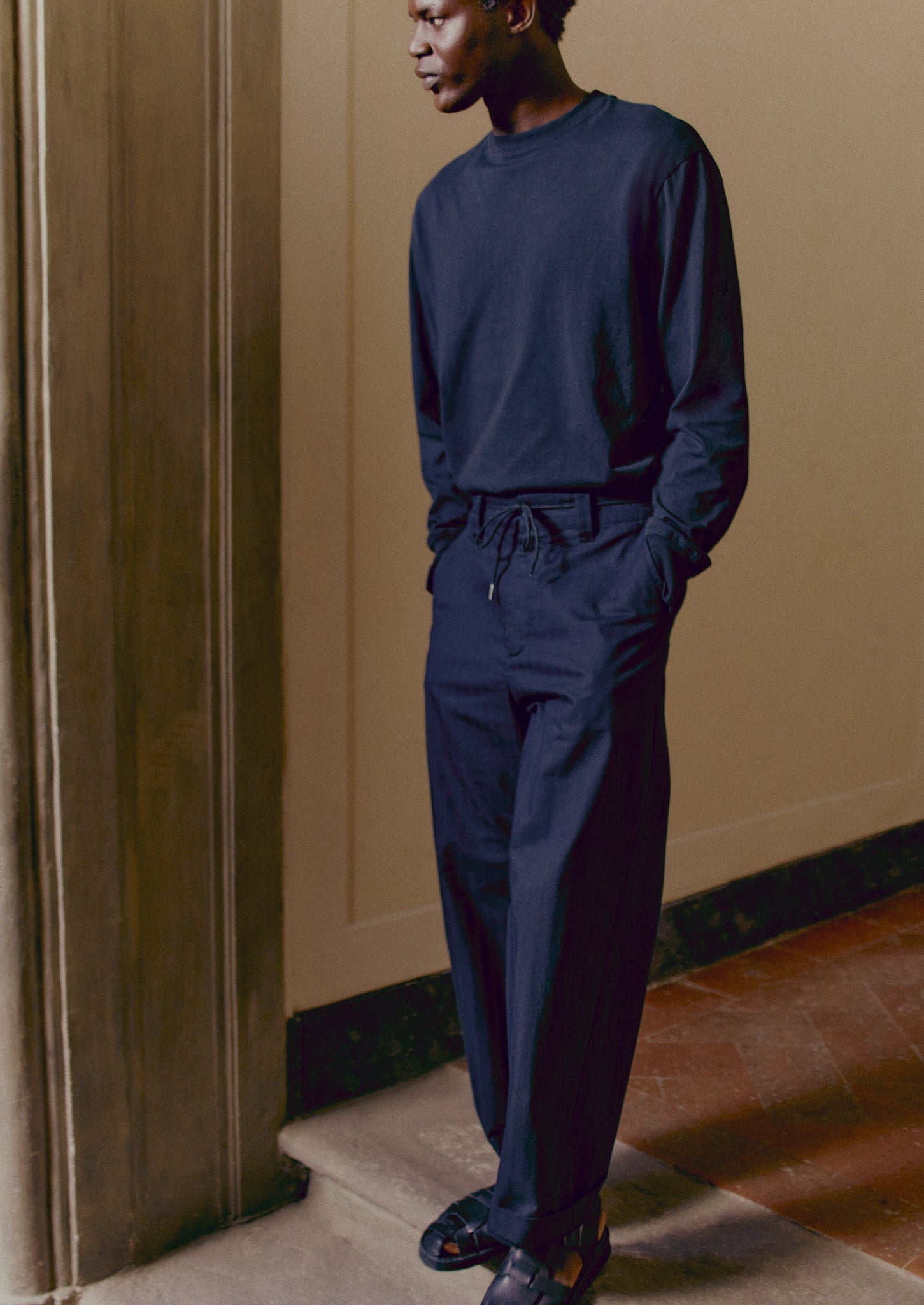 Cotton Wool Herringbone Wide Leg Trousers | Black