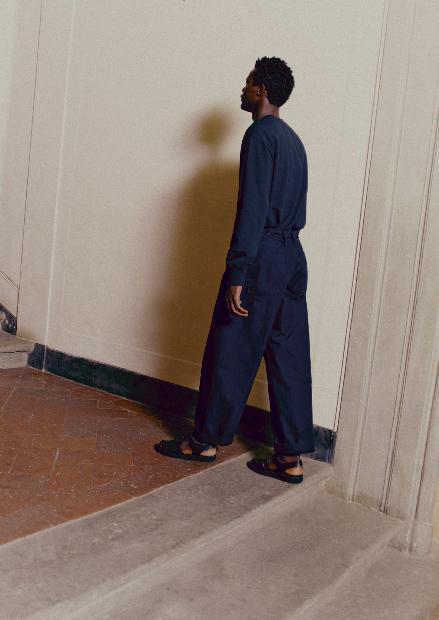 Cotton Wool Herringbone Wide Leg Trousers | Black