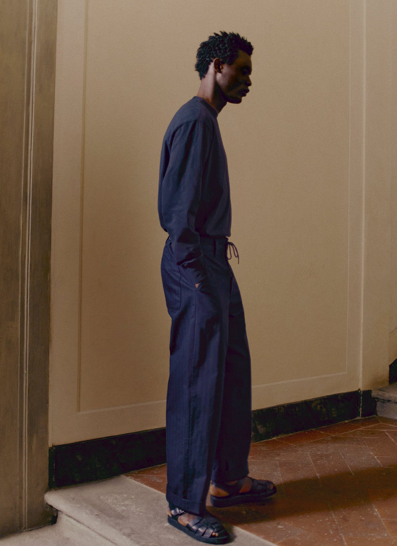 Cotton Wool Herringbone Wide Leg Trousers | Black