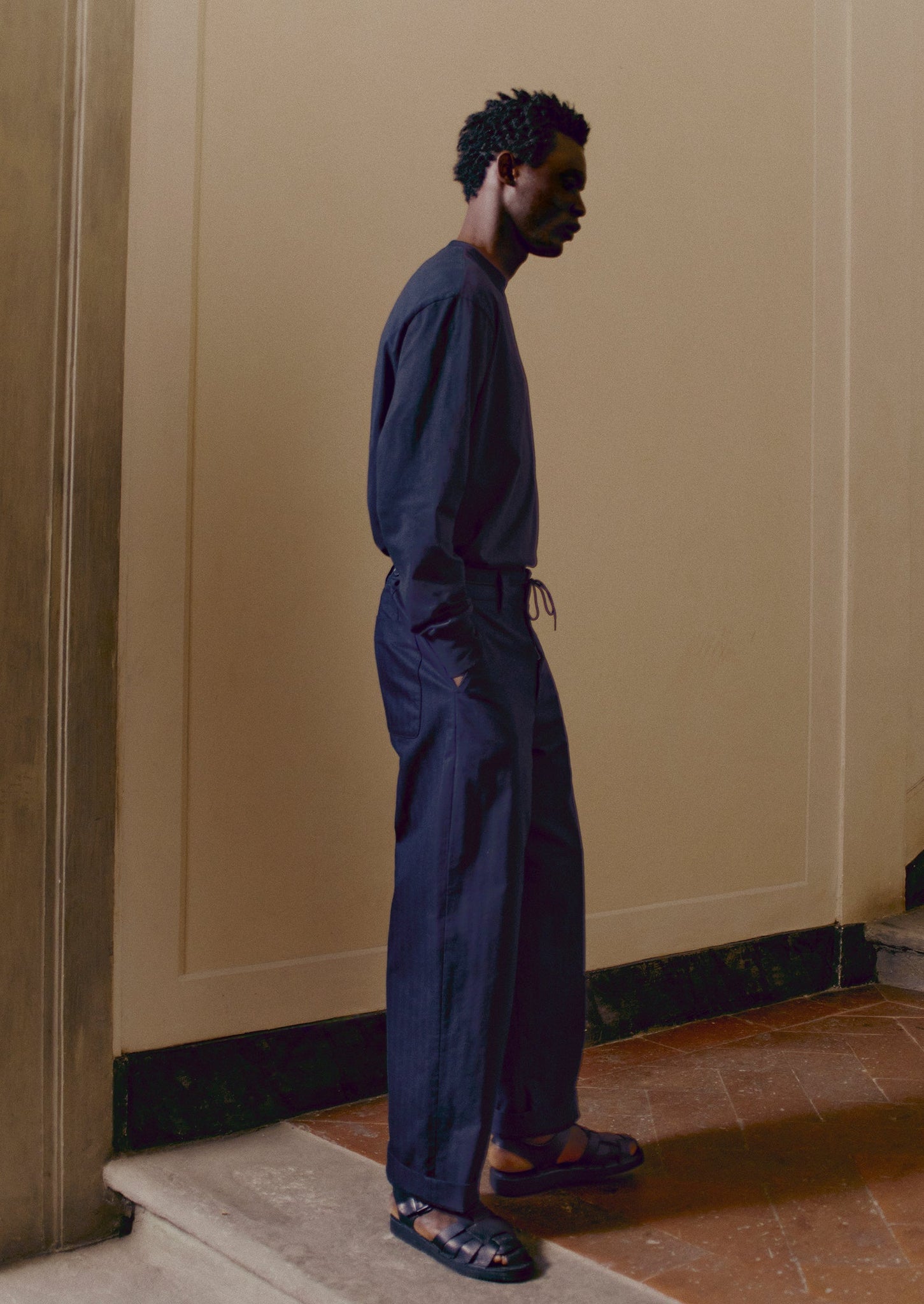 Cotton Wool Herringbone Wide Leg Trousers | Black