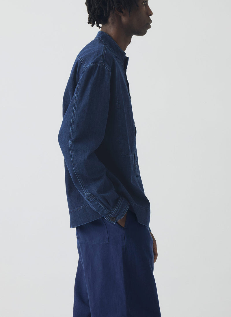 Grandad Collar Half Placket Denim Shirt | Indigo