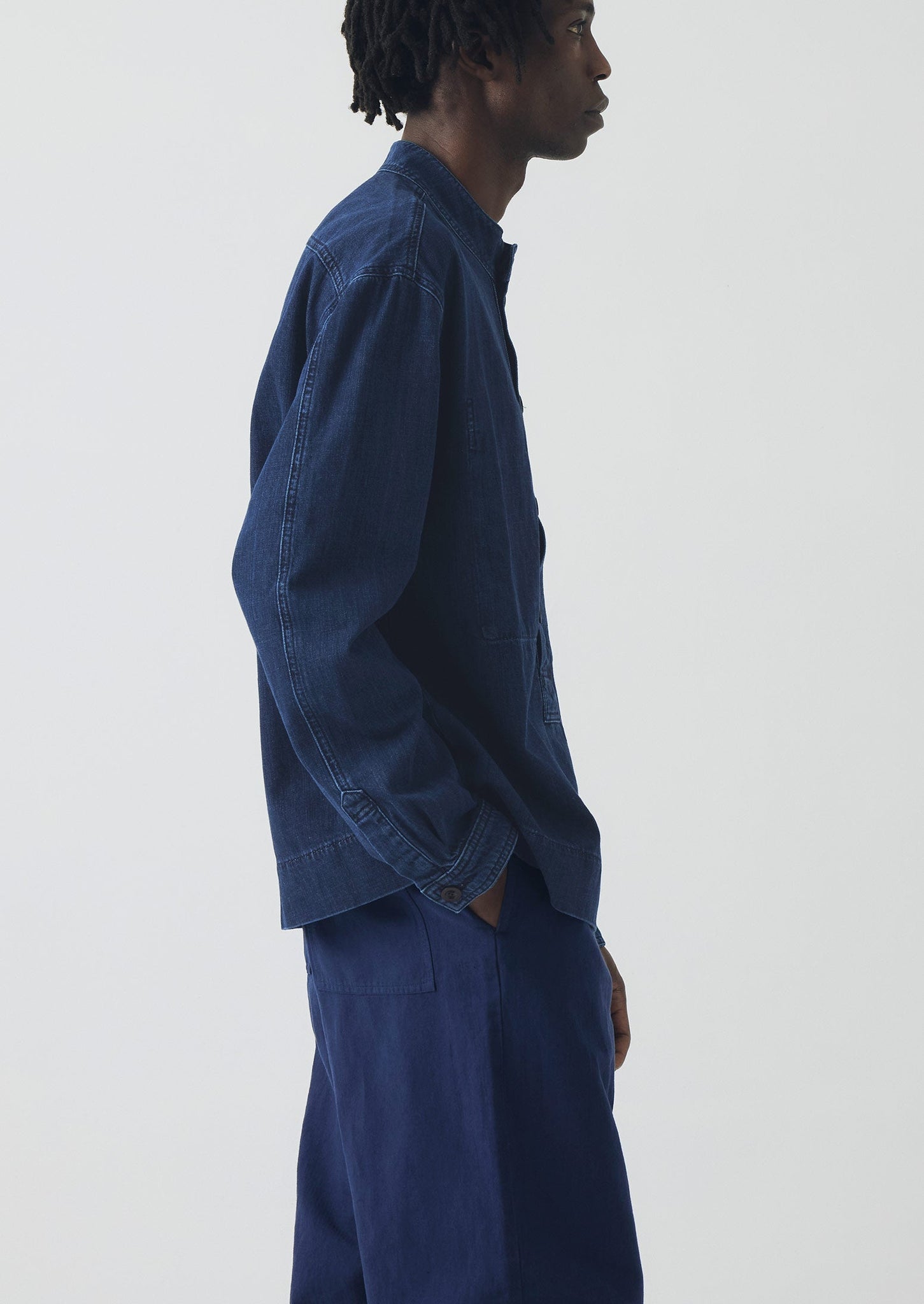 Grandad Collar Half Placket Denim Shirt | Indigo | TOAST