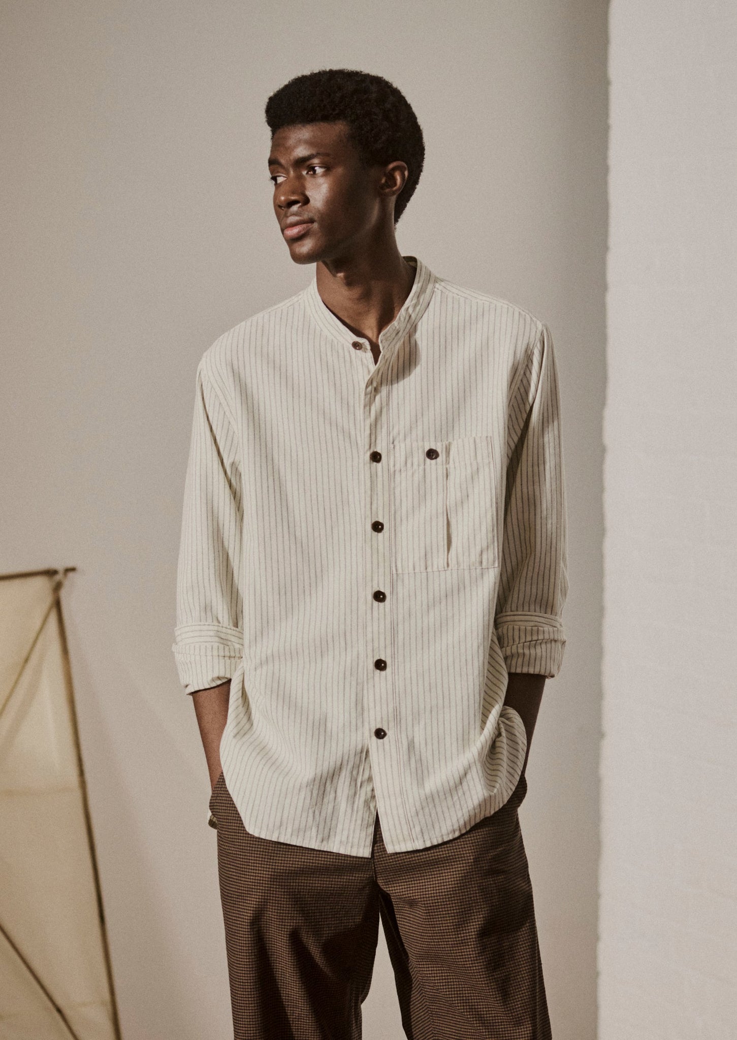 Drift Stripe Grandad Collar Shirt | Ecru/Charcoal