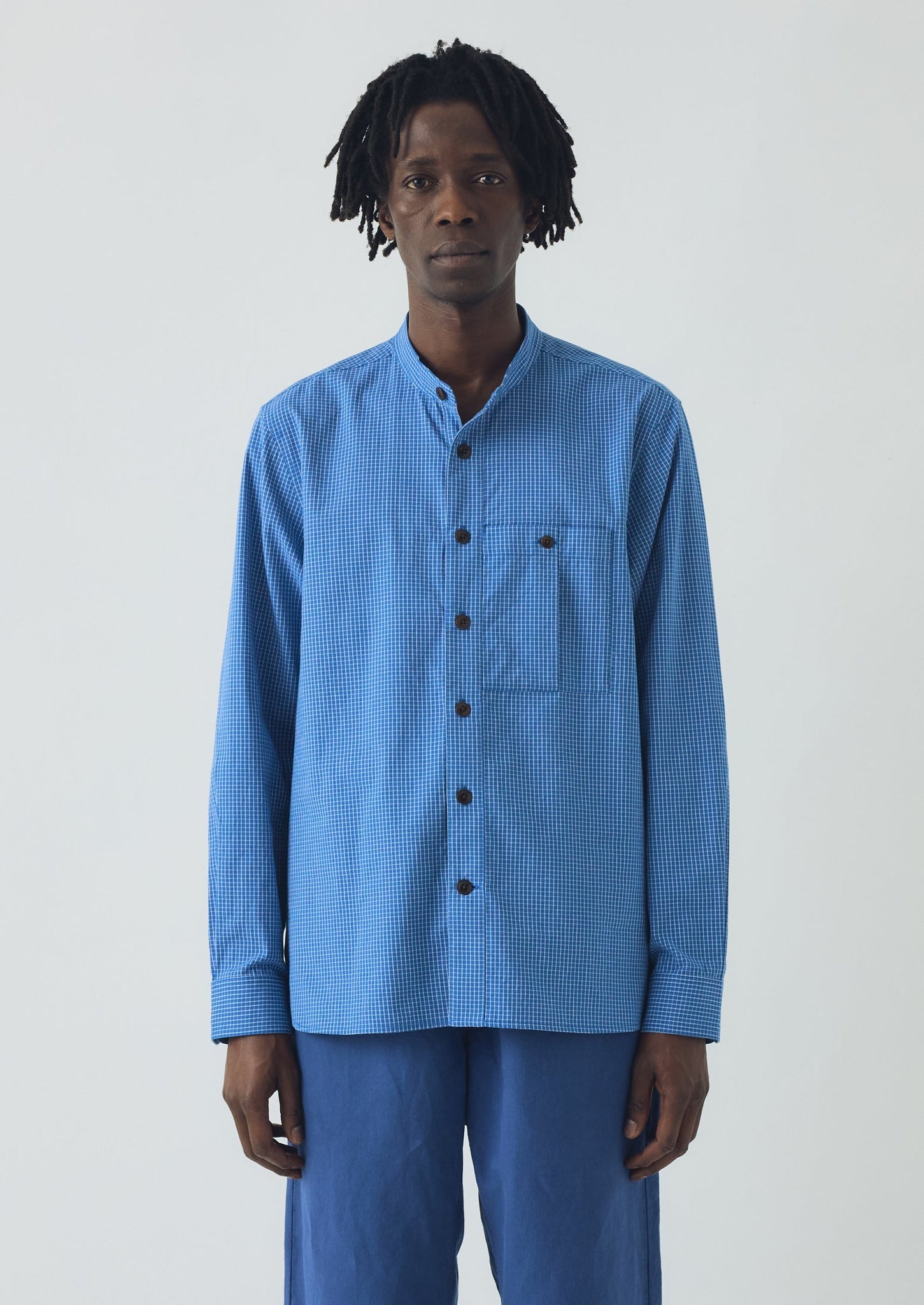 Check Cotton Grandad Collar Shirt | Mid Blue