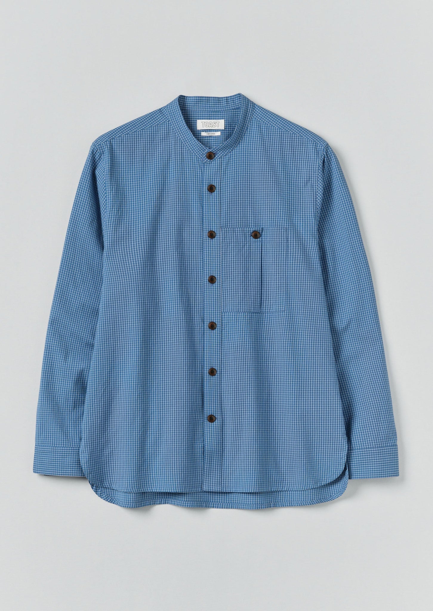 Check Cotton Grandad Collar Shirt | Mid Blue