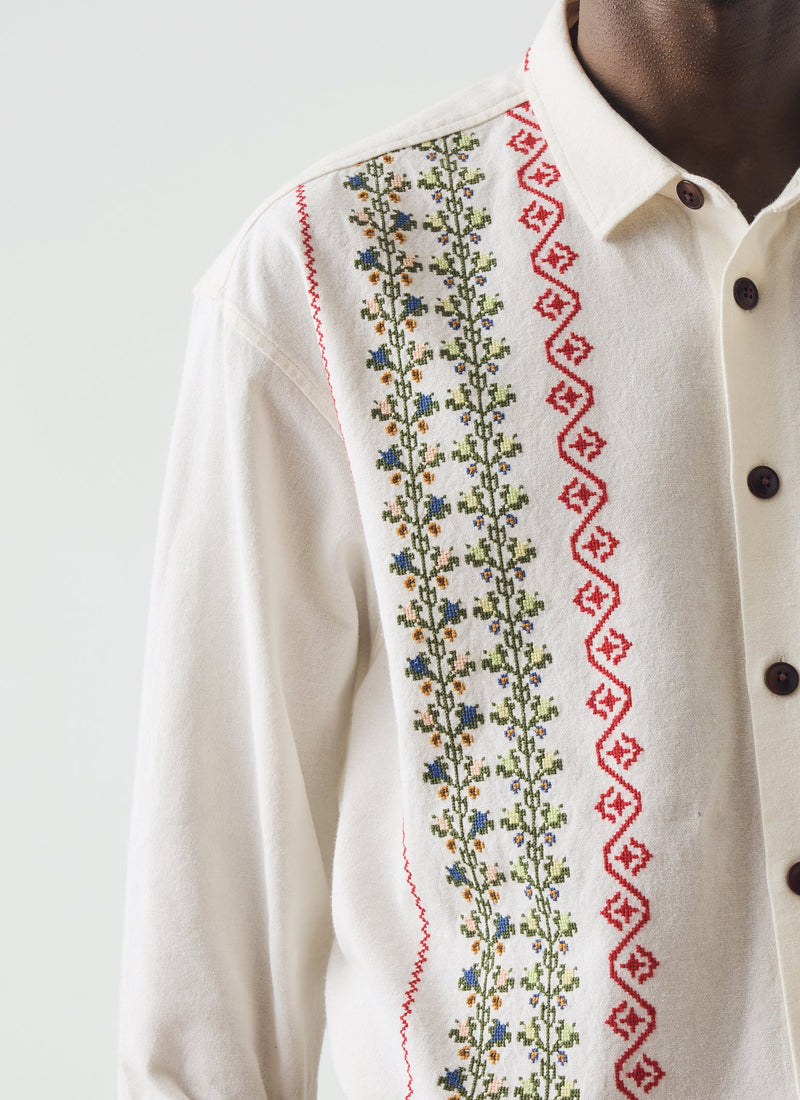 Embroidered Cross Stitch Cotton Shirt | Ecru