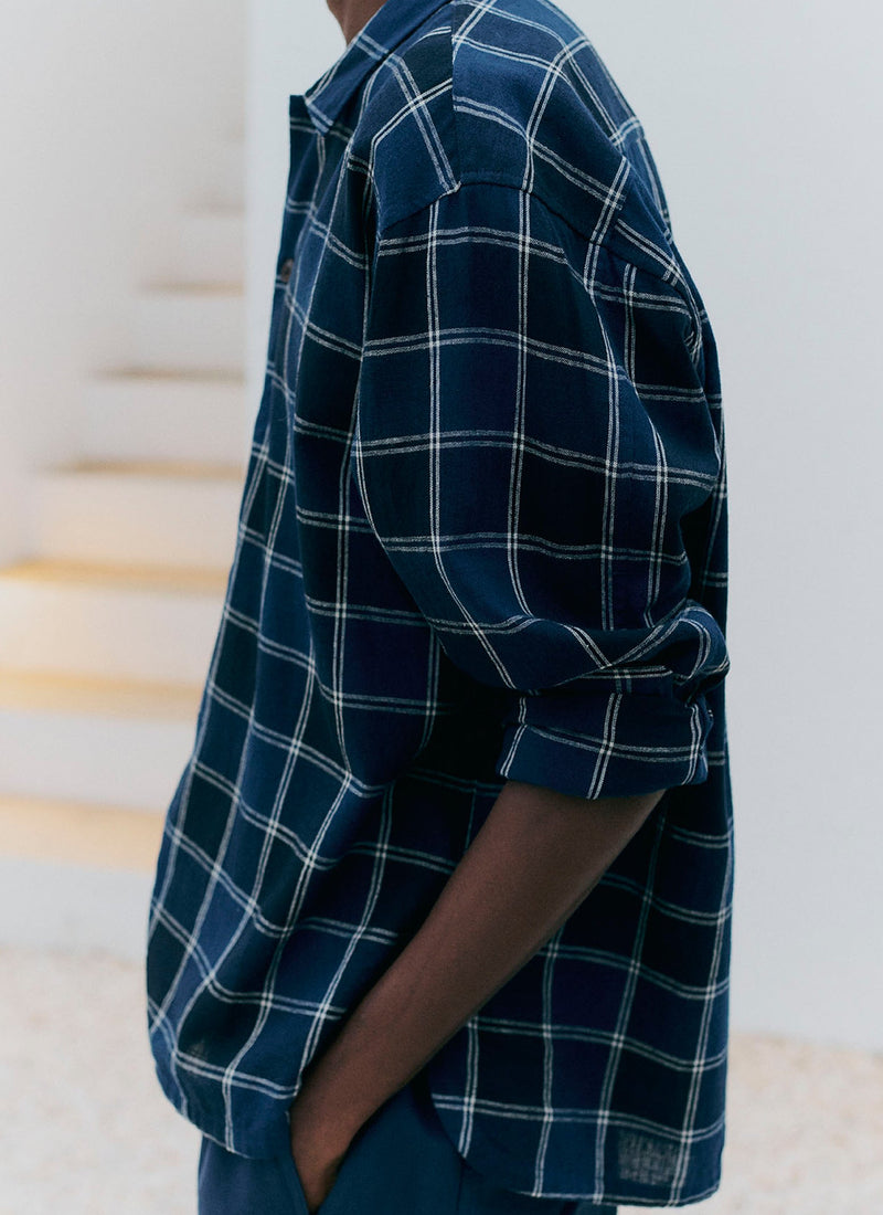 Market Check Cotton Linen Easy Shirt | Denim Blue