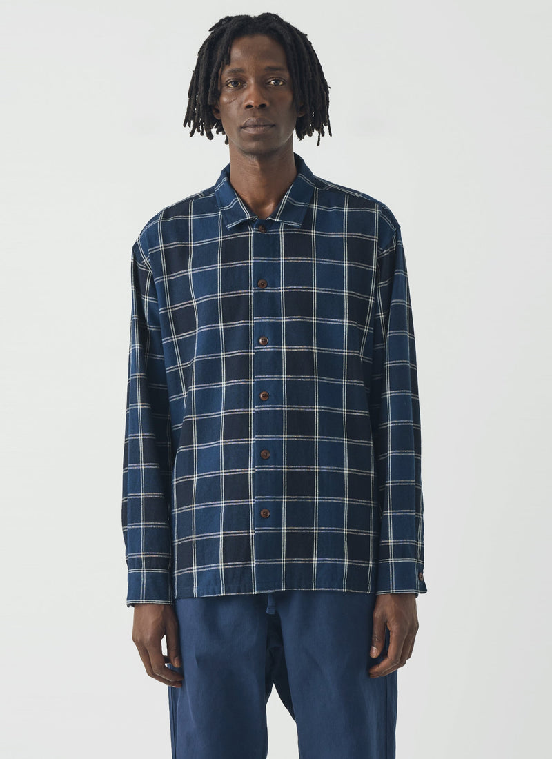 Market Check Cotton Linen Easy Shirt | Denim Blue