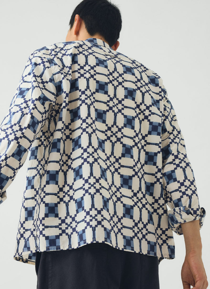 Lattice Block Print Cotton Shirt | Blues