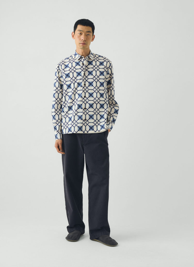 Lattice Block Print Cotton Shirt | Blues