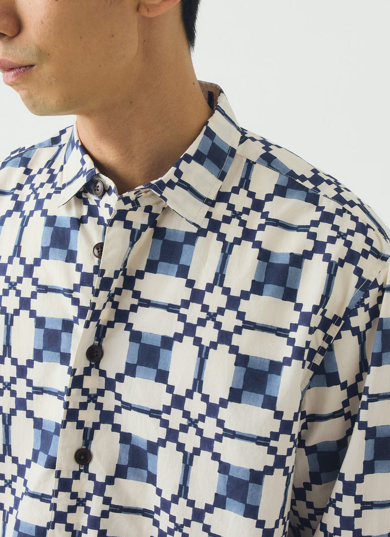 Lattice Block Print Cotton Shirt | Blues