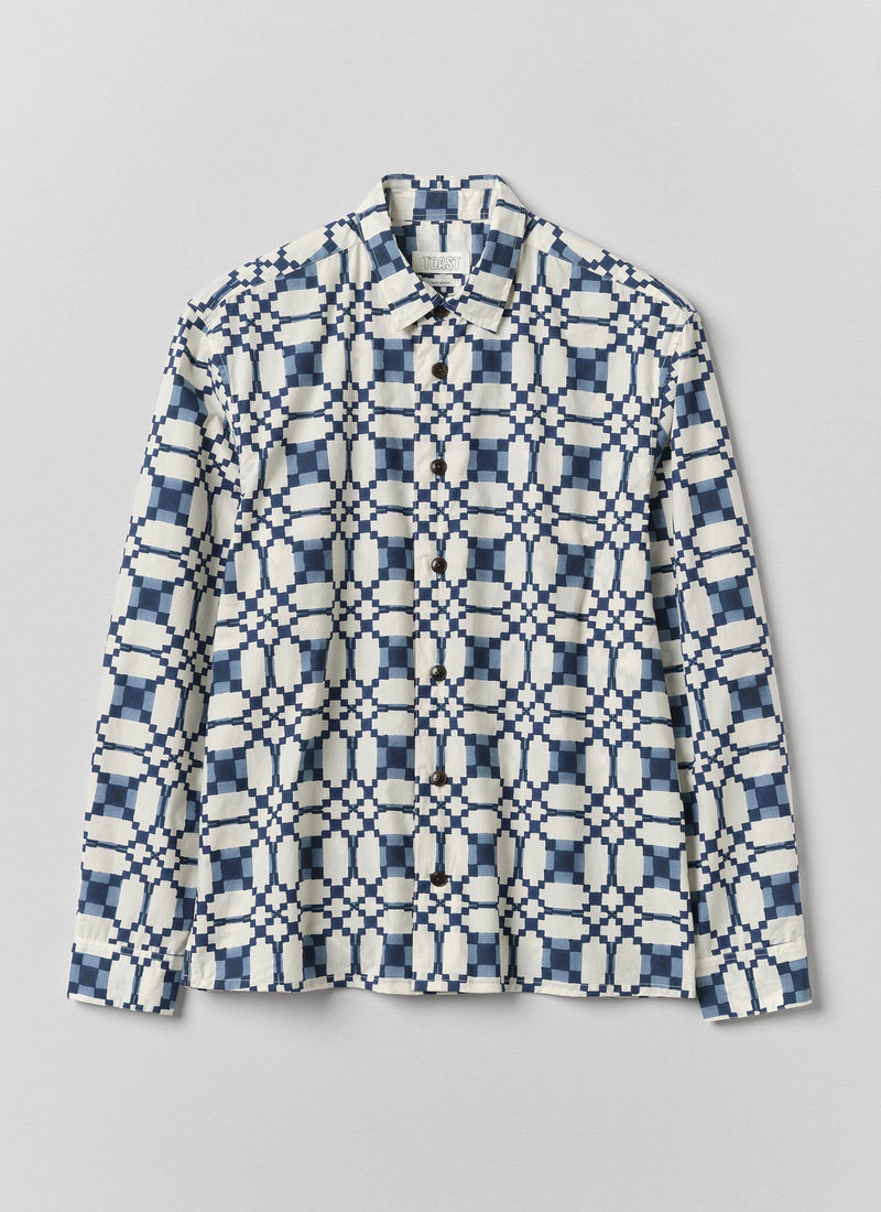 Lattice Block Print Cotton Shirt | Blues