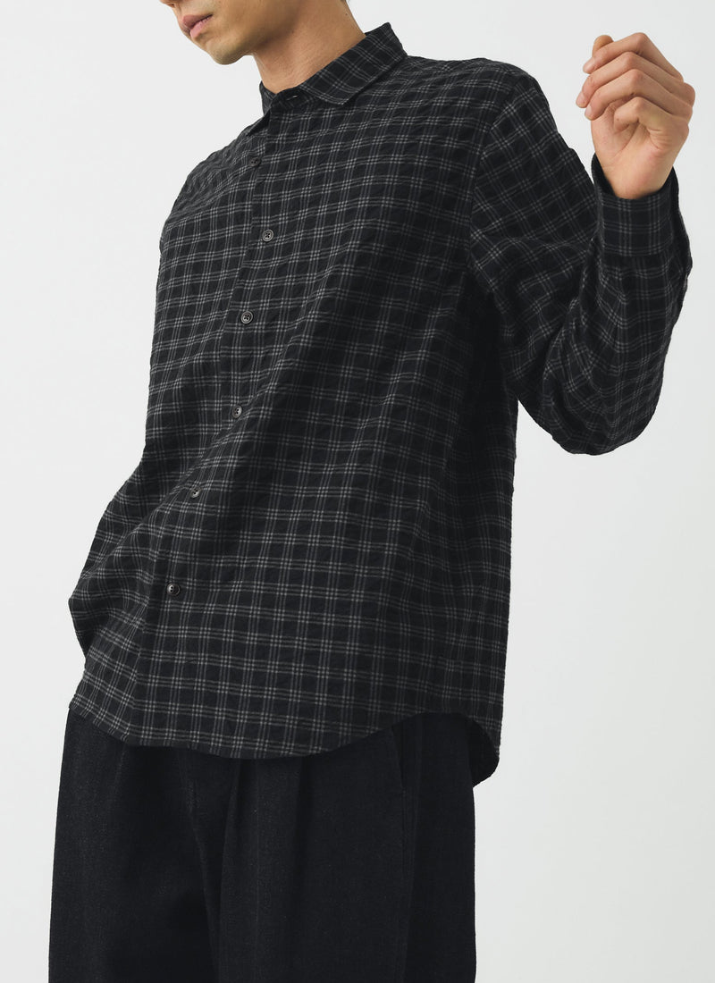 Loop Button Check Cotton Wool Shirt | Dark Charcoal/Black