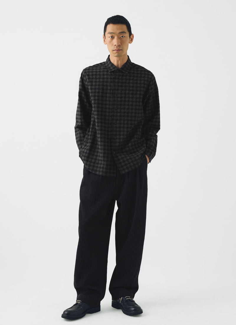 Loop Button Check Cotton Wool Shirt | Dark Charcoal/Black