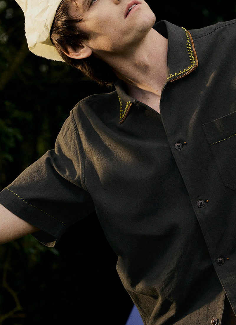 Kantha Knot Embroidered Cotton Shirt | Dark Olive