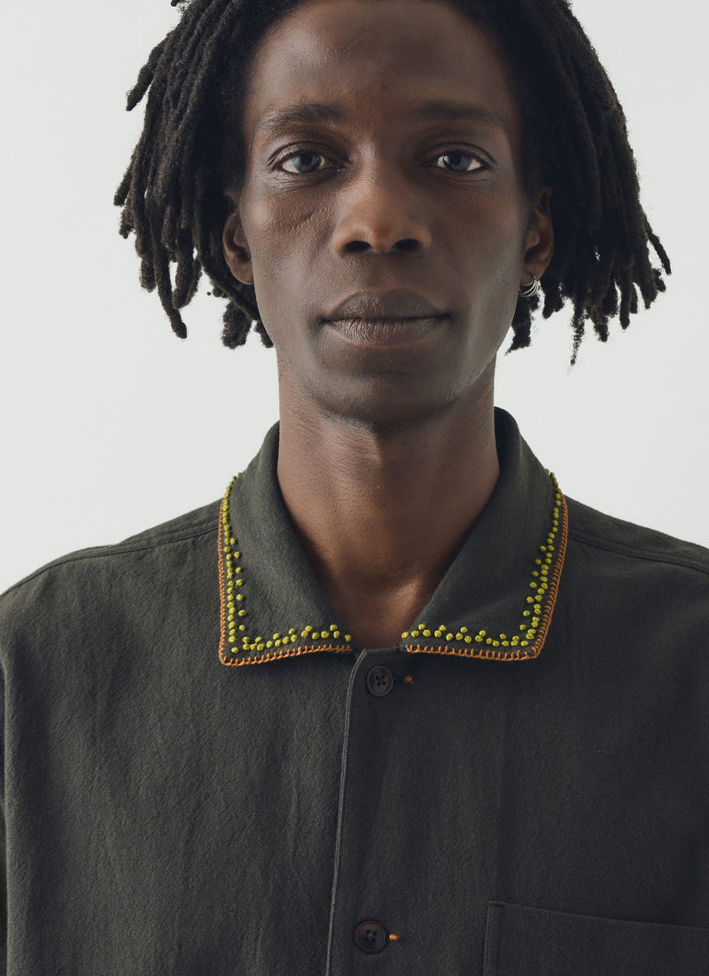 Kantha Knot Embroidered Cotton Shirt | Dark Olive