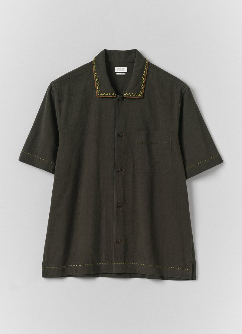 Kantha Knot Embroidered Cotton Shirt | Dark Olive