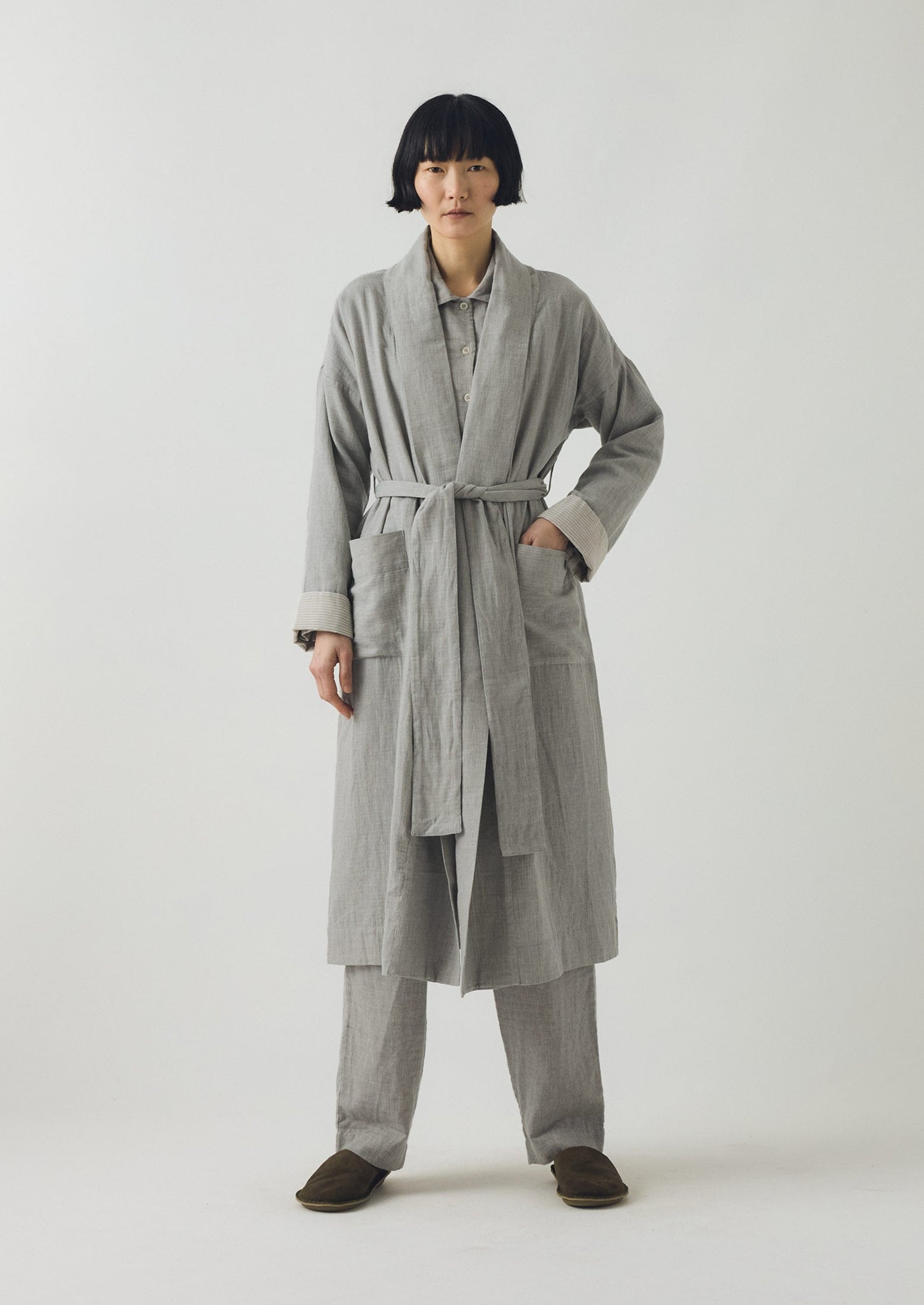 Soft Double Faced Cotton Gown | Grey Melange/Soft Clay