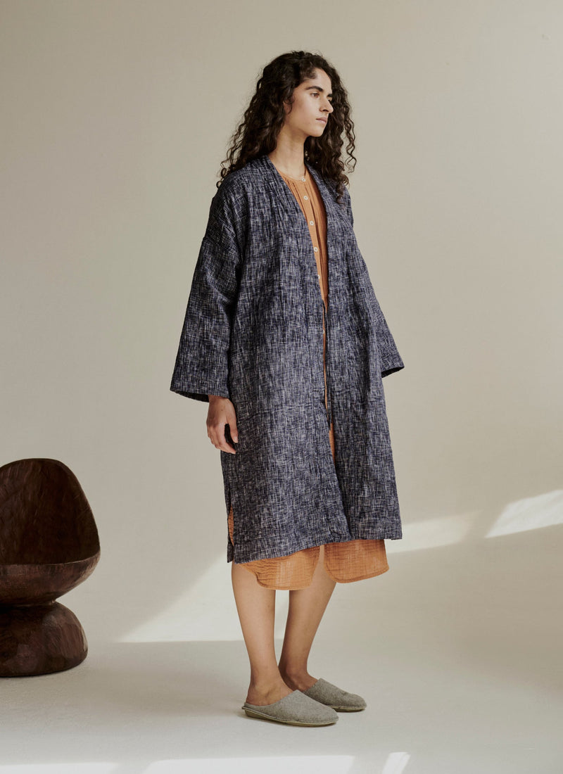 Hand Woven Crosshatch Kantha Gown | Deep Blue