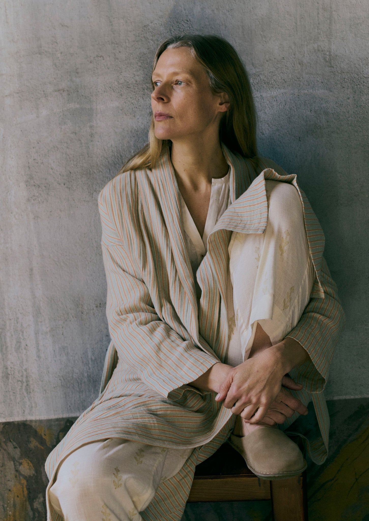 Stripe Crinkle Cotton Gown | Sage/Apricot