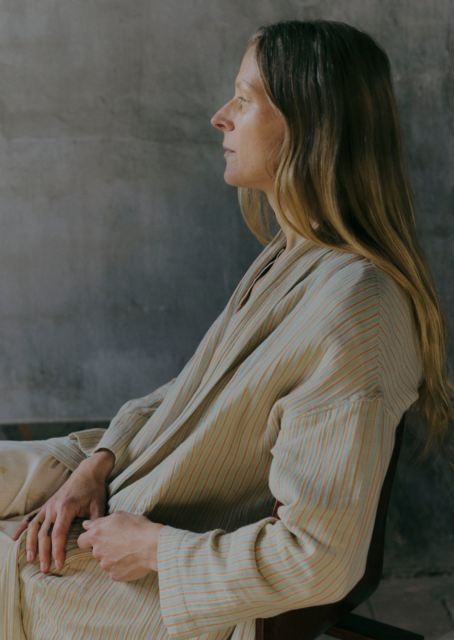 Stripe Crinkle Cotton Gown | Sage/Apricot