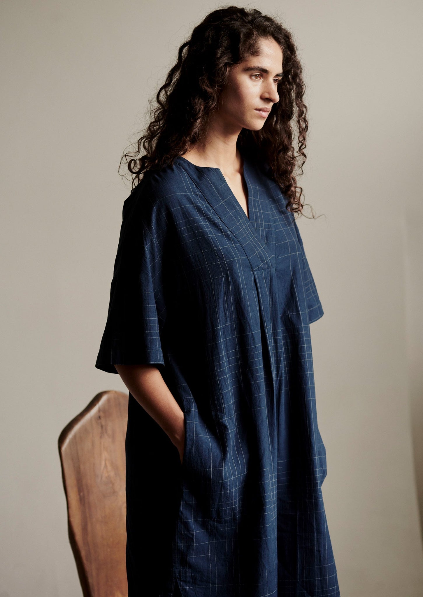 Hand Woven Sketched Check Nightdress | Twilight/Ecru