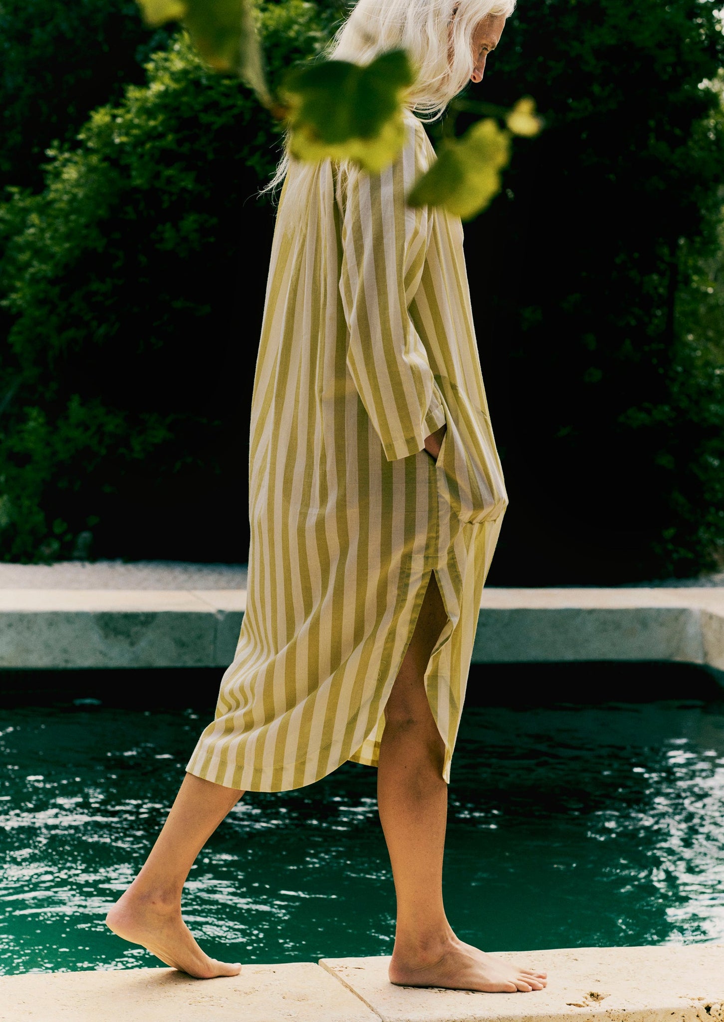 Canopy Stripe Organic Cotton Kaftan | Ecru/Washed Lime