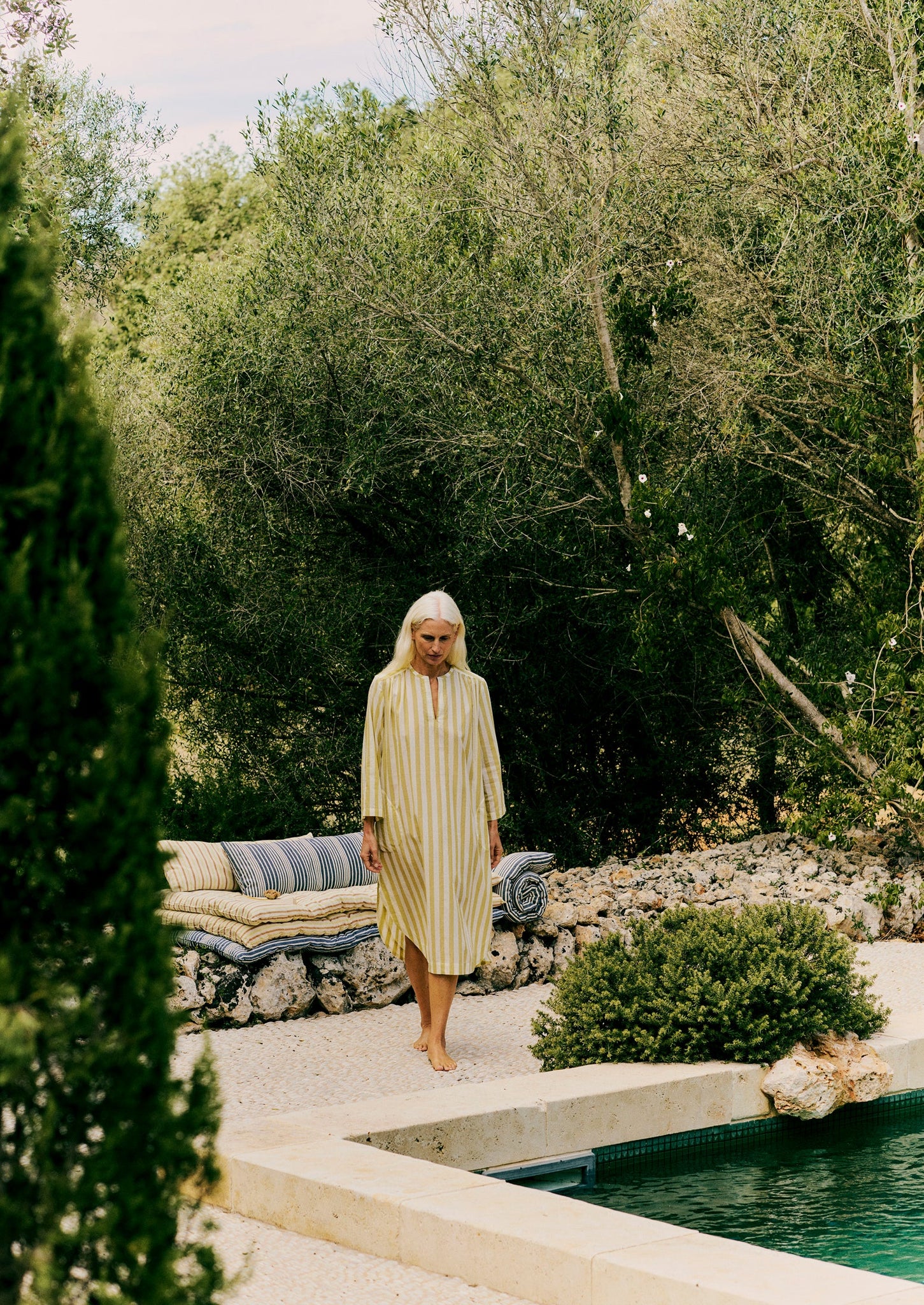 Canopy Stripe Organic Cotton Kaftan | Ecru/Washed Lime
