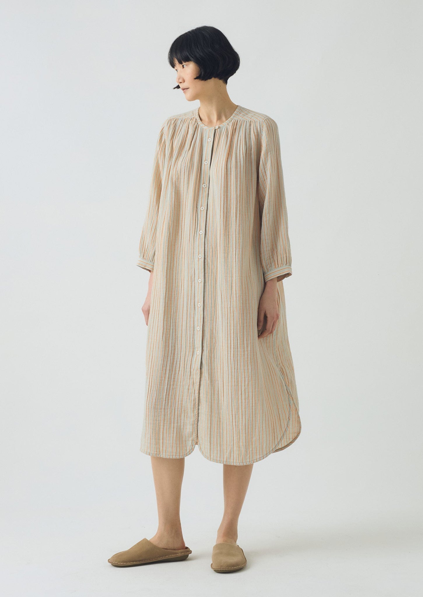 Stripe Crinkle Cotton Nightdress | Sage/Apricot