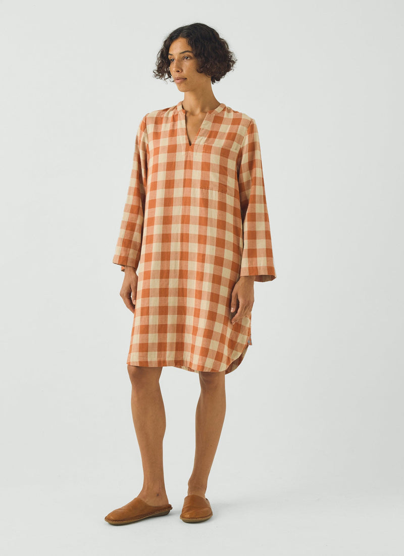 Gingham Faced Cotton Nightdress | Coral/Sky Blue