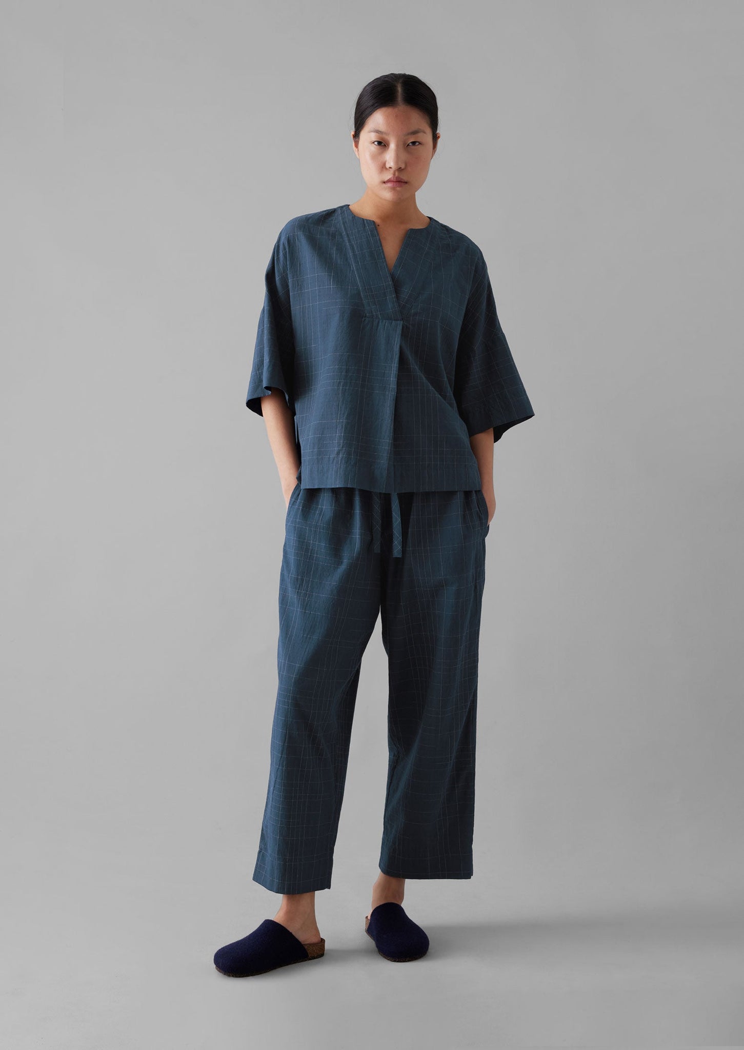 Sketched Check Cotton Pyjama Top | Twilight/Ecru