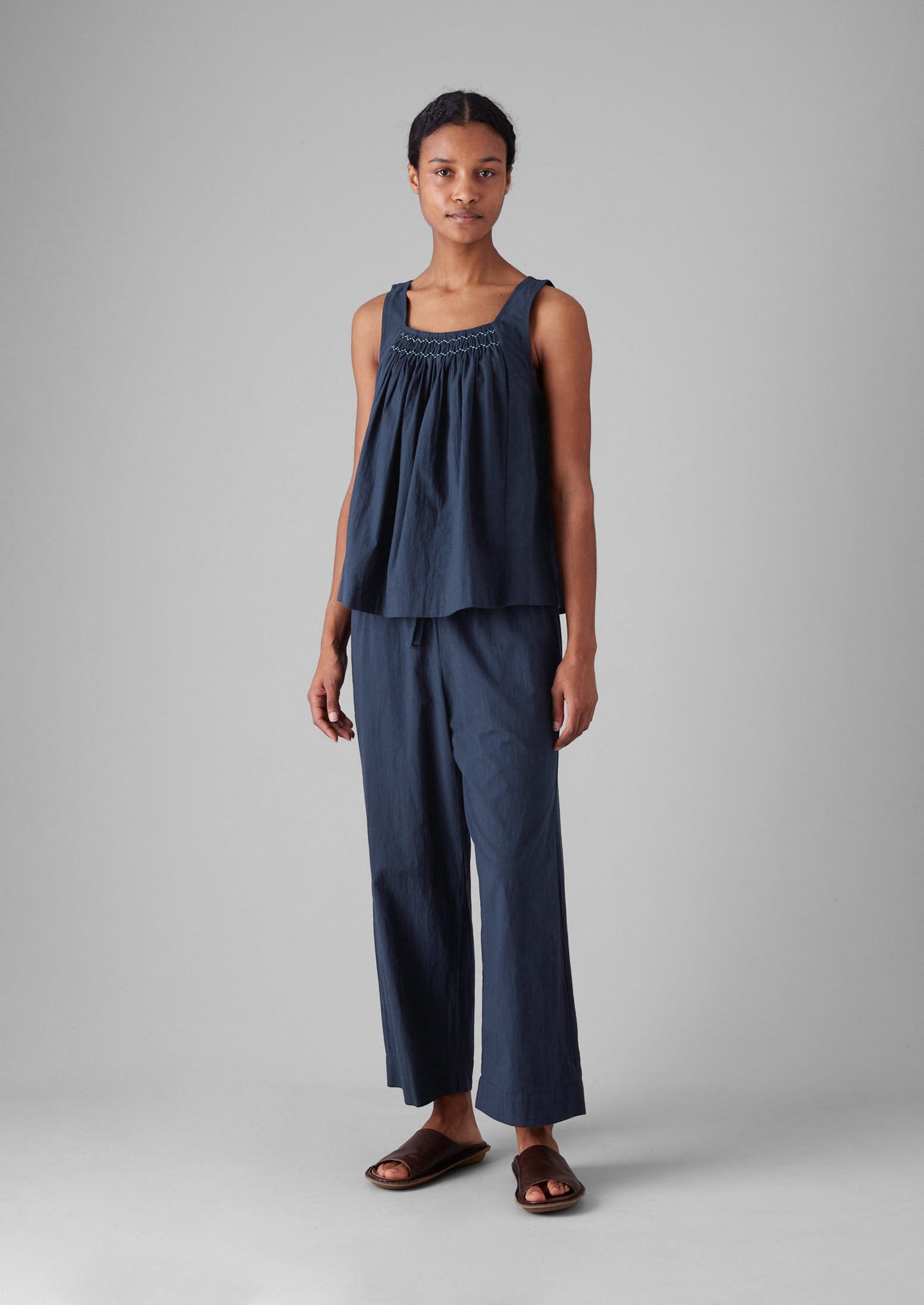 Smocked Cotton Poplin Pyjamas | Midnight
