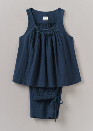 Smocked Cotton Poplin Pyjamas | Midnight